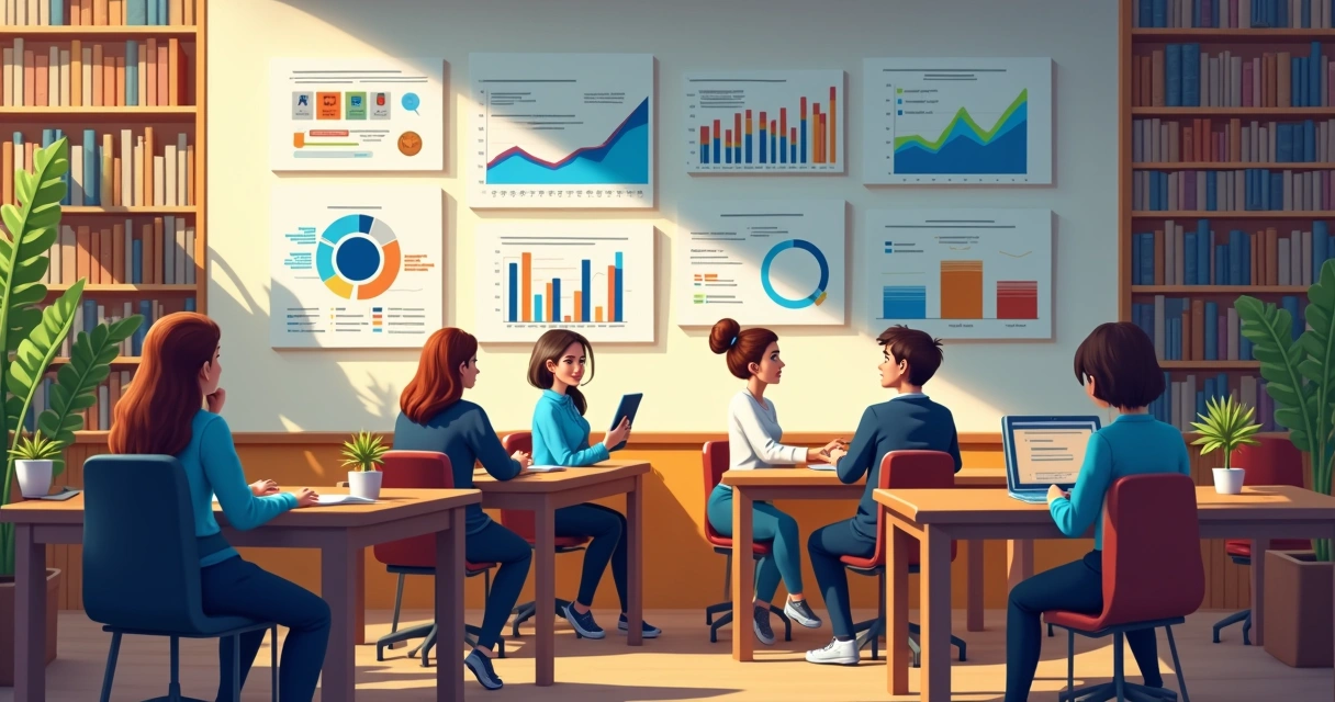 Estudantes com livros e computadores analisando gráficos de pesquisa sobre IA 