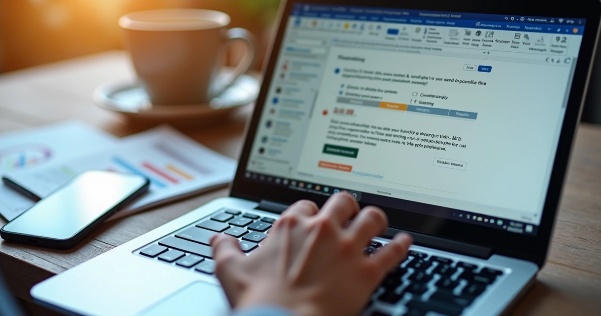 Mãos no teclado escrevendo e-mail com dados personalizados na tela