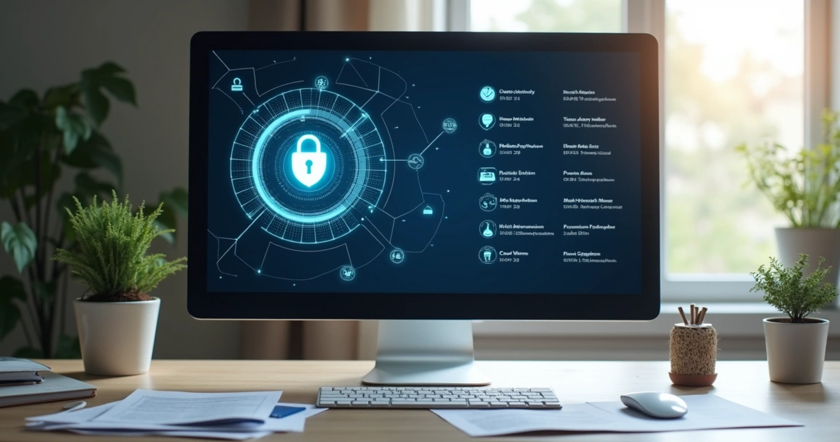 Mesa de trabalho de microempresa com computador mostrando ícones de cadeado e lista de clientes 
