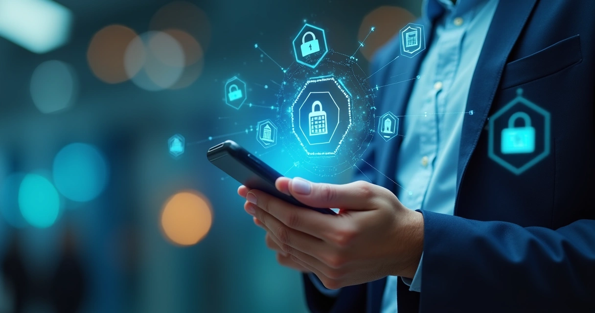 Pessoa olhando celular enquanto dados digitais flutuam ao redor