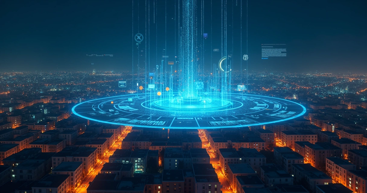 Fluxo de dados imobiliários conectando prédios urbanos a um painel de análise digital 