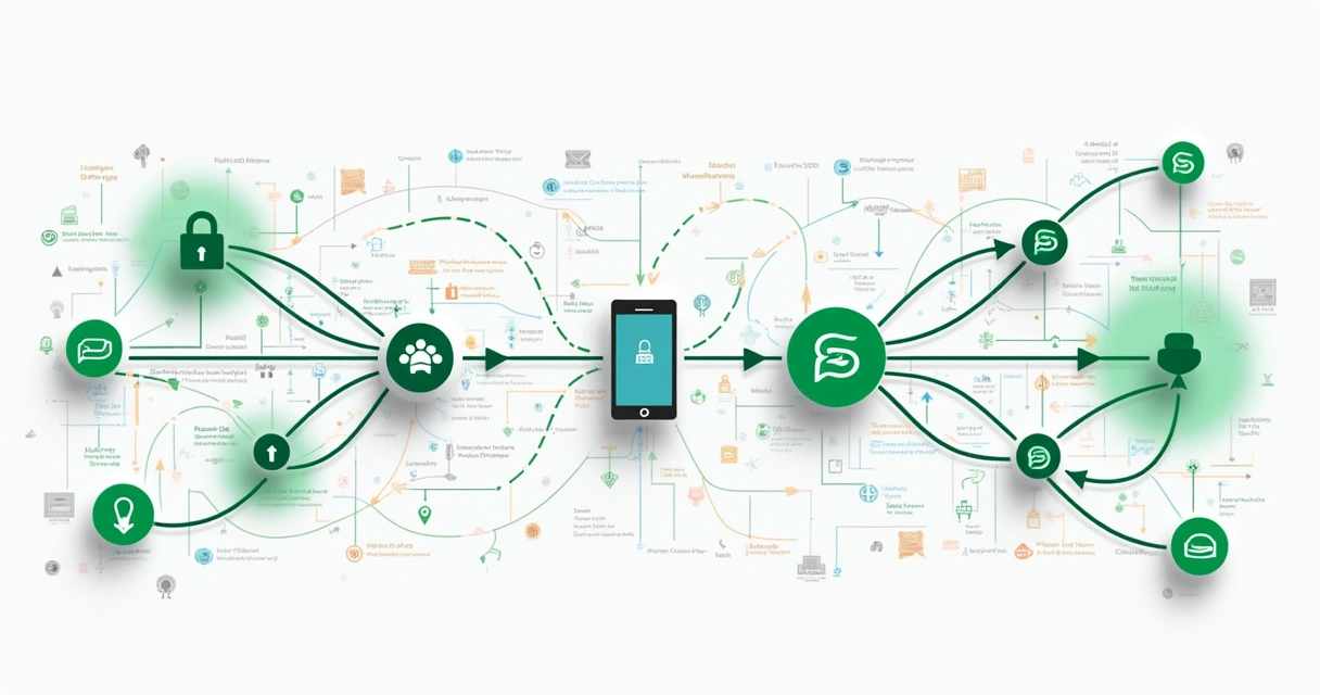 Infográfico colorido mostrando fluxos de dados do WhatsApp, com setas e ícones de proteção de dados 