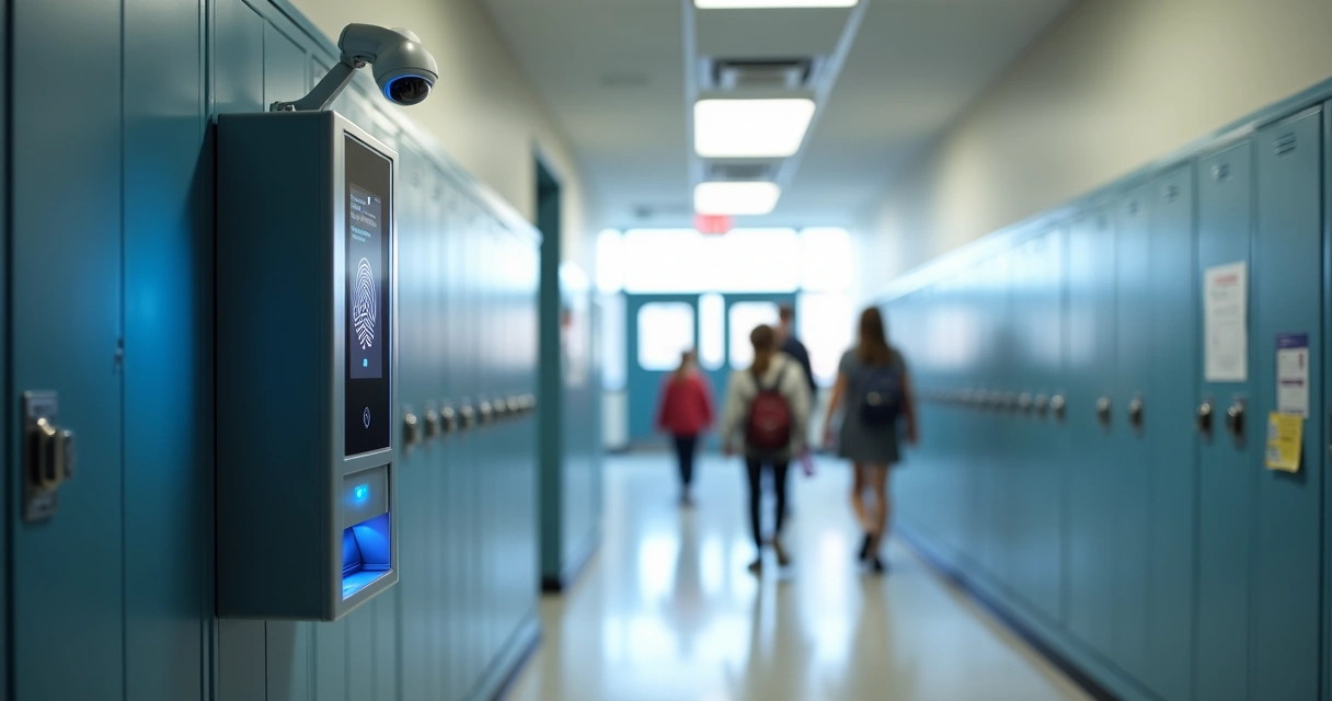Câmera de segurança moderna e tela biométrica em corredor escolar iluminado 