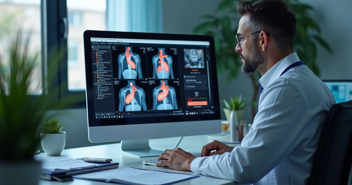 Visualização digital de resultados de exames cardíacos em tela de computador