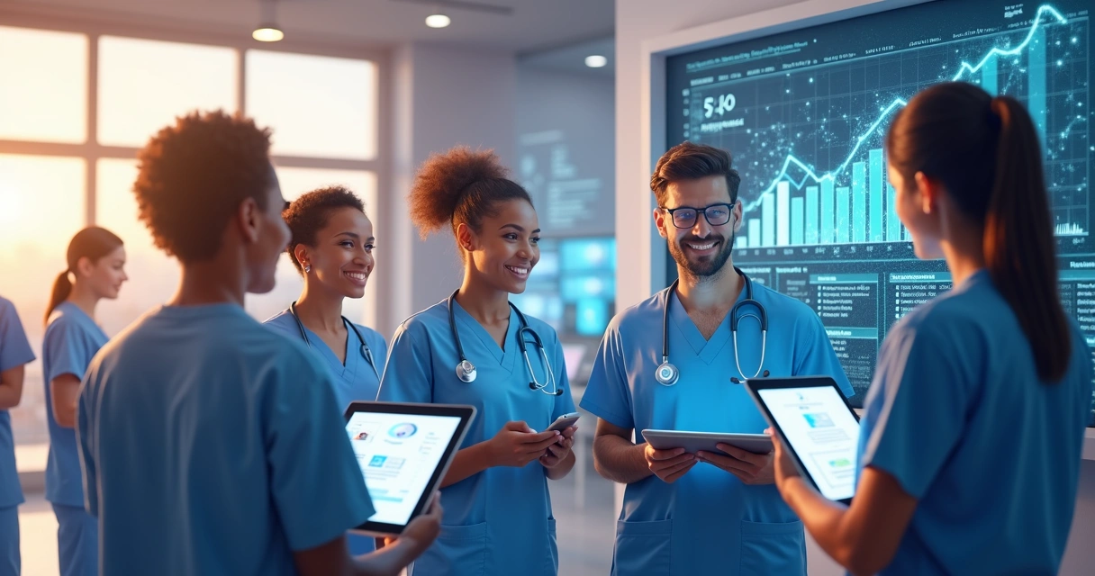 Gráfico representando aumento de uso de prontuário eletrônico com médicos acessando informações em tela 