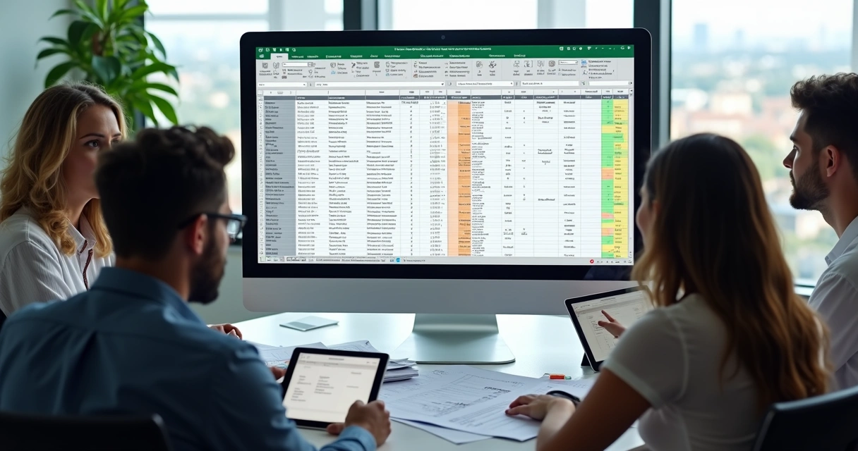 Equipe comercial analisando planilha de dados de prospecção em escritório moderno 