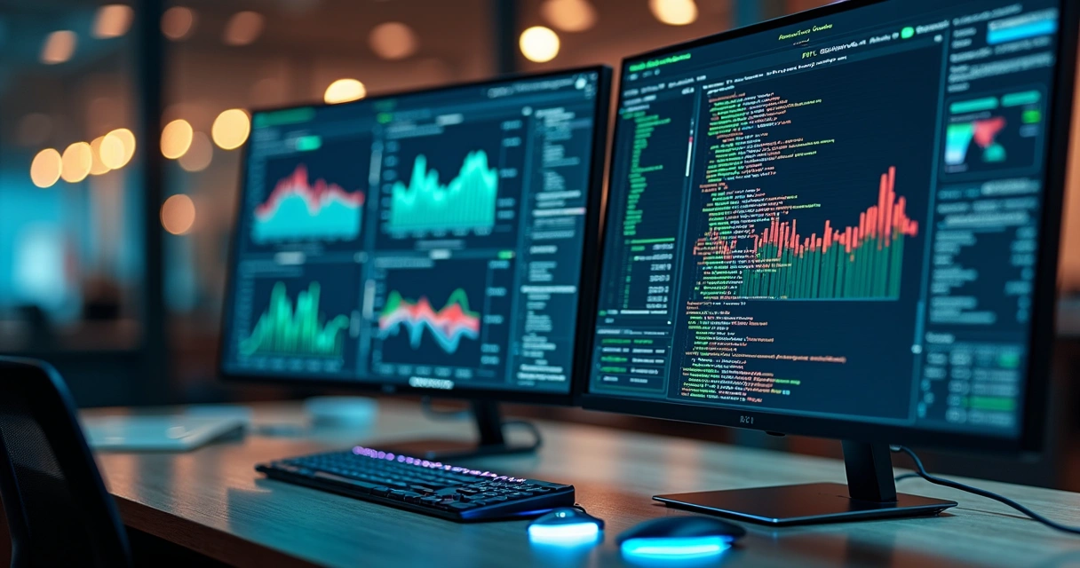 Tela de computador mostrando análise automática de dados públicos com gráficos e código em fundo tecnológico 