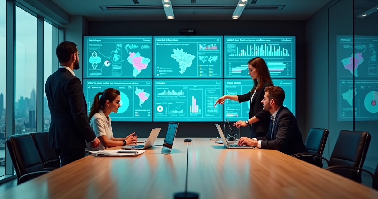 Executivos analisando painel de dados públicos em grande tela digital 