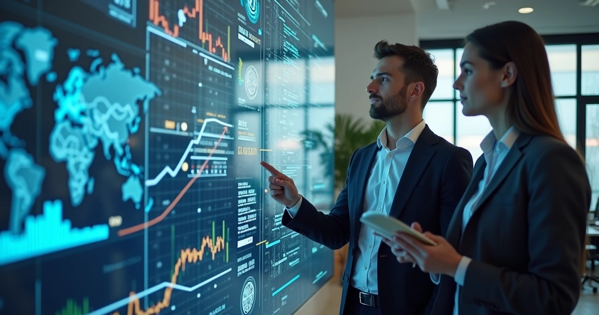 Empreendedores analisam gráficos em uma tela digital 