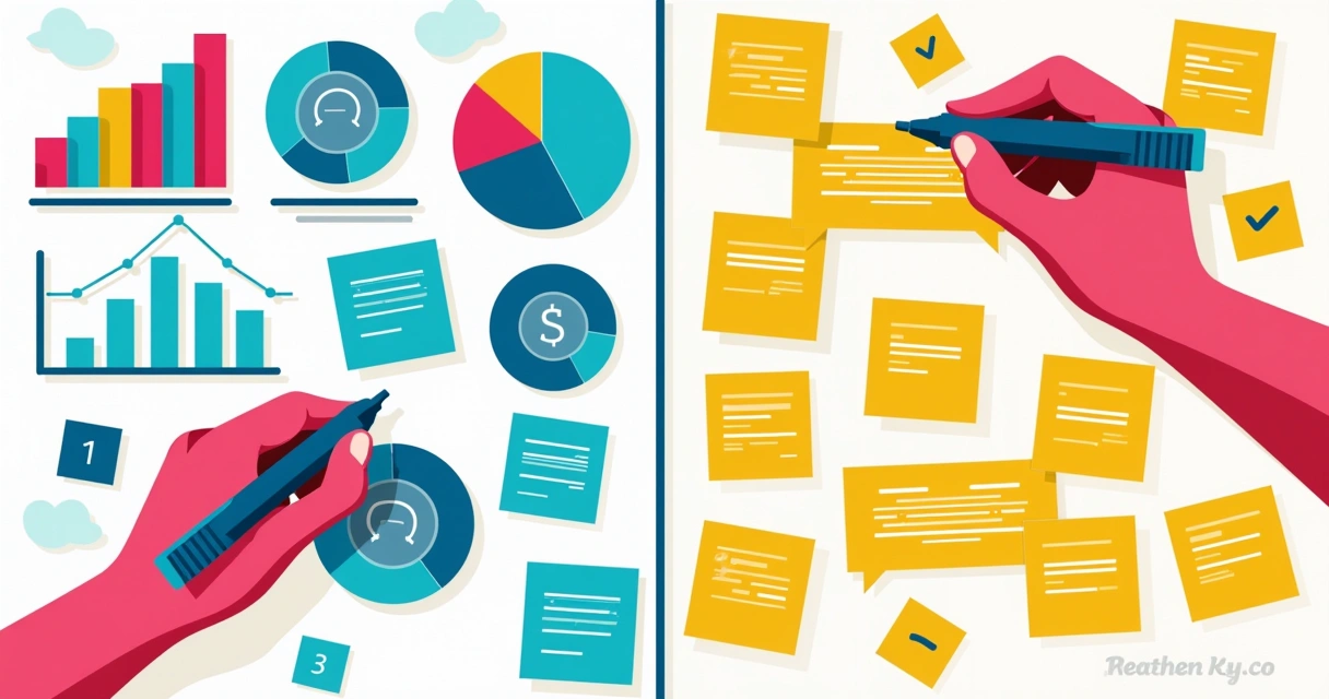 Gráficos e post-its coloridos mostrando dados quantitativos e qualitativos 