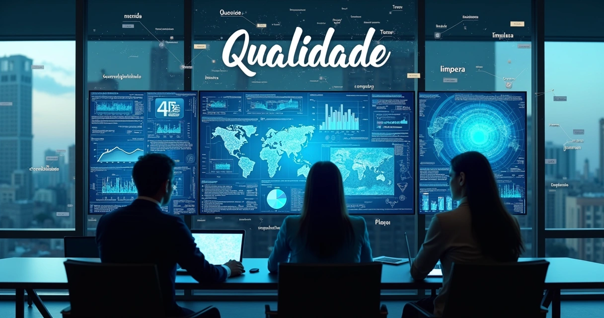 Profissionais analisando painéis de dados em sala de reuniões