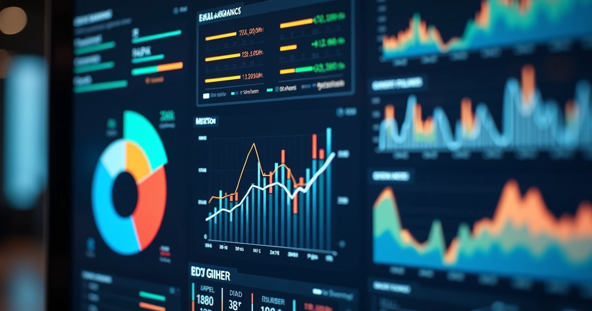 Painel digital com gráficos coloridos e estatísticas de campanhas de anúncios online em tela de alta resolução 