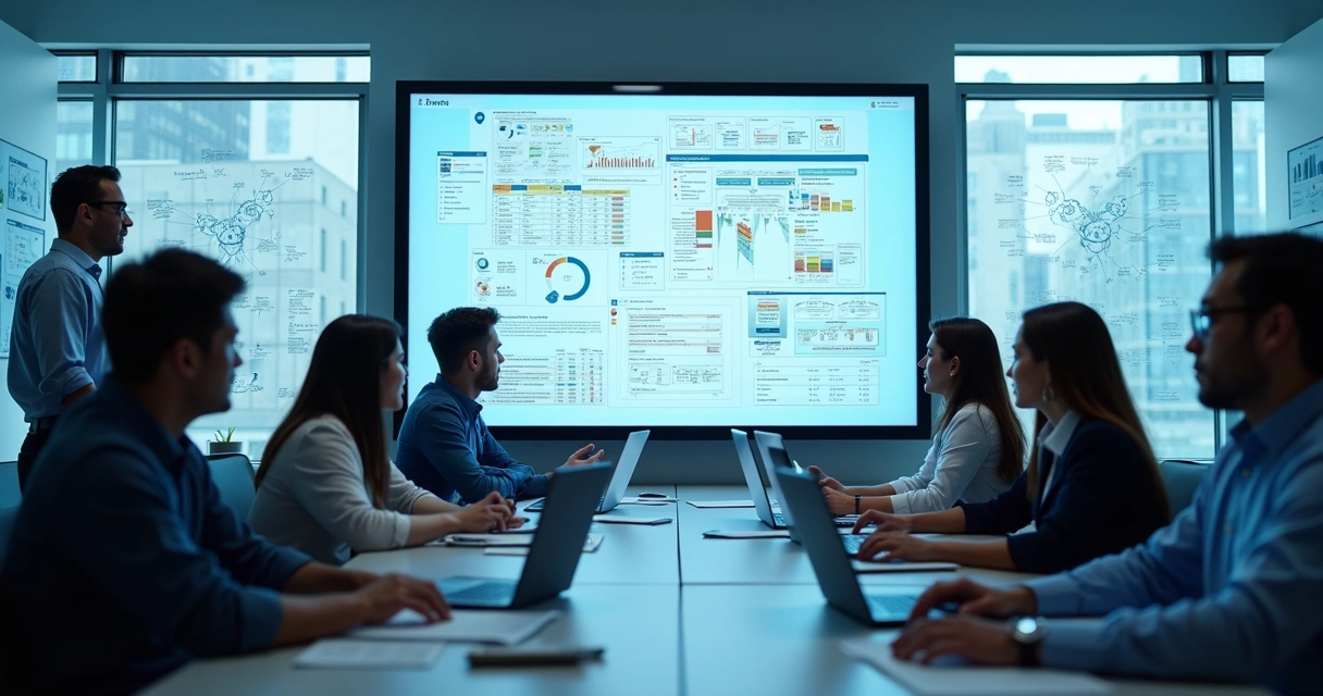Equipe analisa gráficos e dados na tela em ambiente corporativo 