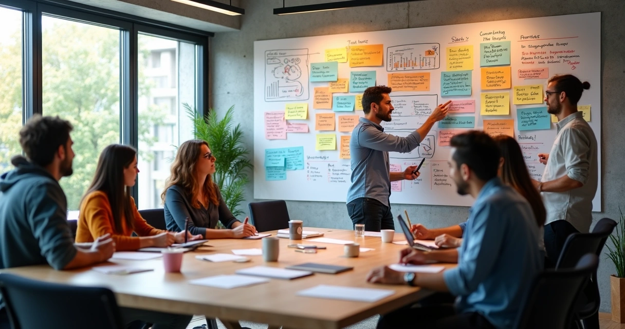 Equipe analisando dados em mural com post-its e gráficos