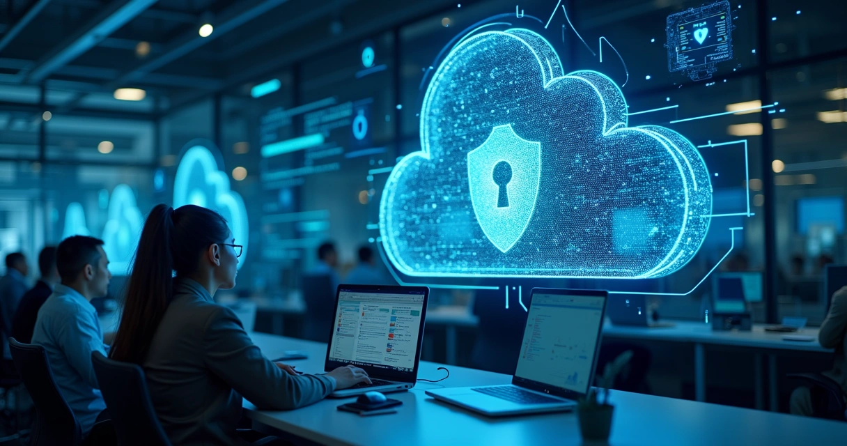 Ambiente corporativo moderno, servidores em nuvem e linhas digitais conectando dados 