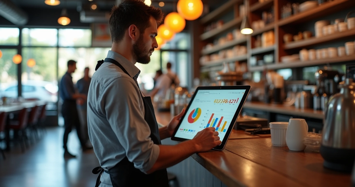 Garçom analisa tablet com dados de vendas 