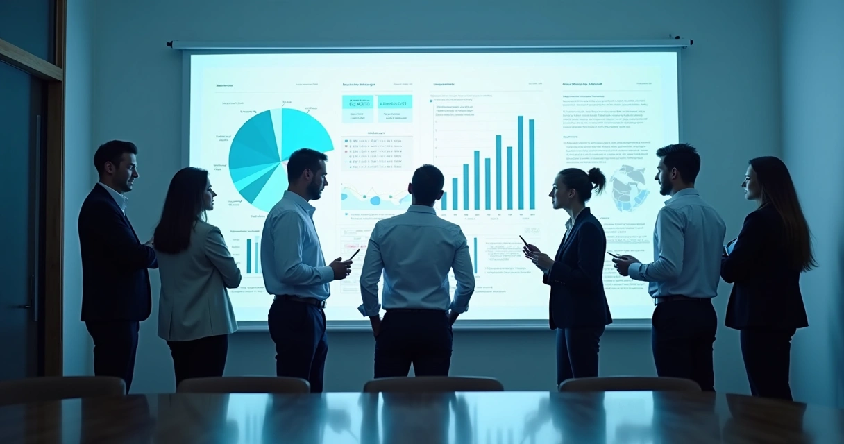Profissionais analisando dados projetados na parede em reunião de negócios