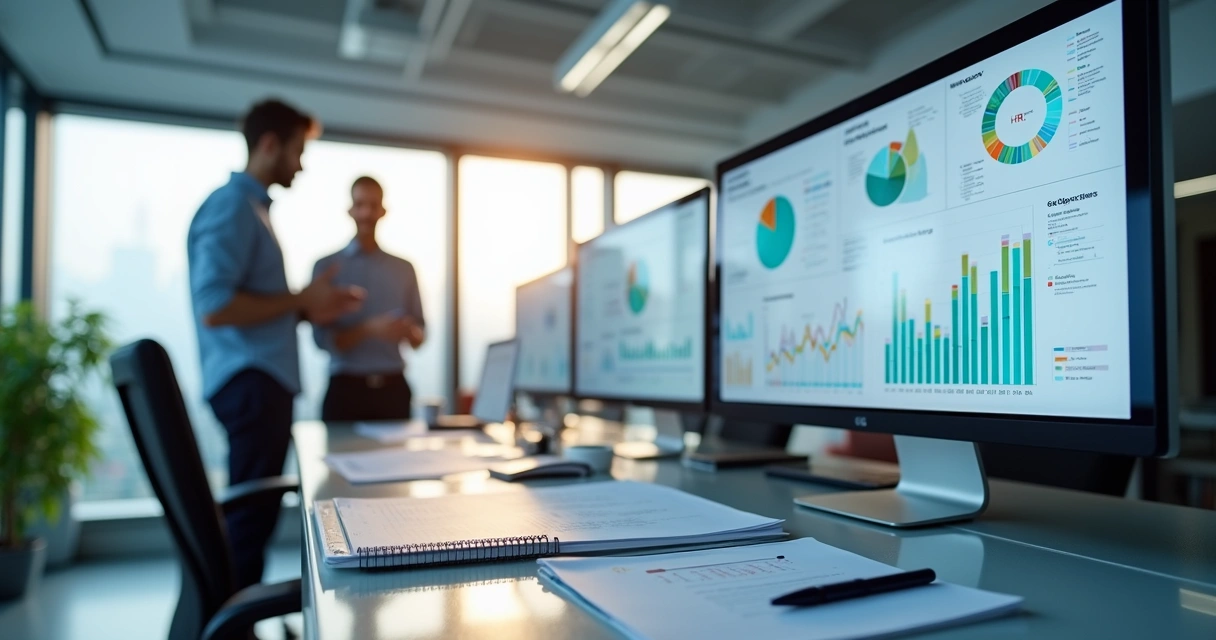 Tela de computador com gráficos coloridos de métricas de RH 