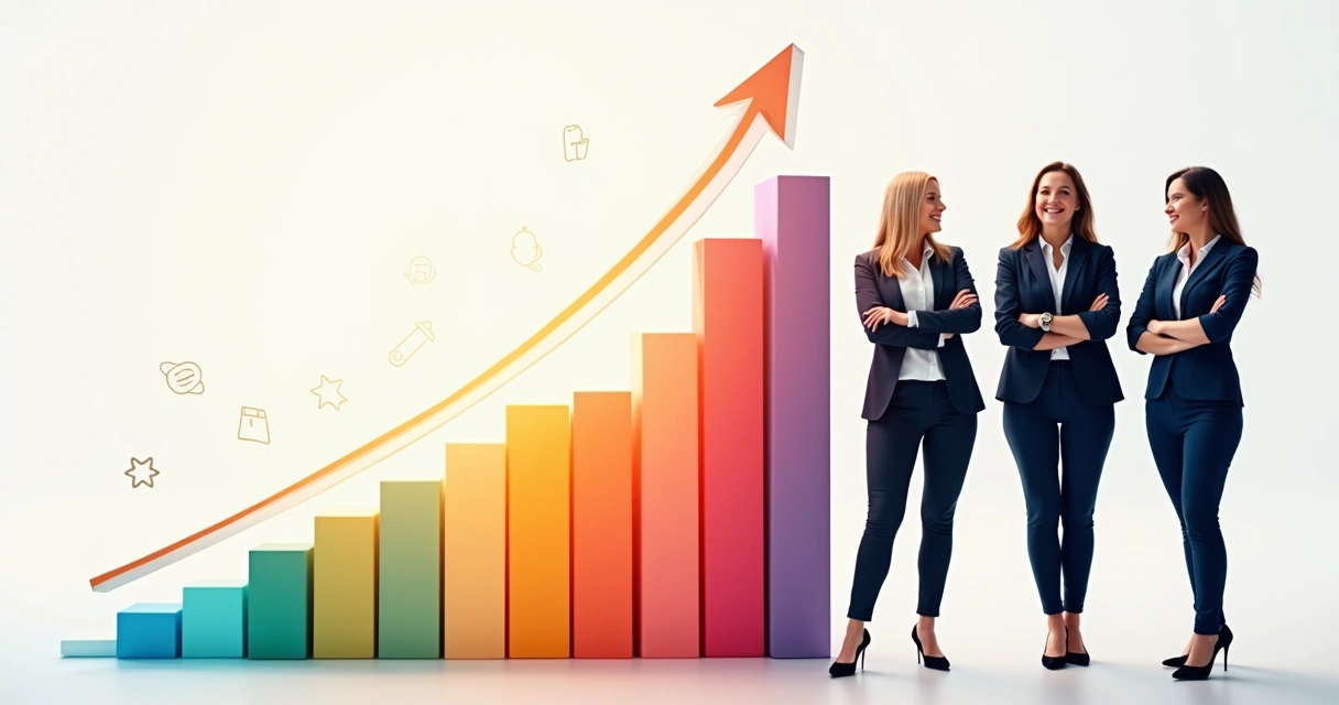 Gráfico colorido mostrando crescimento em satisfação do cliente com equipe de atendimento ao lado.