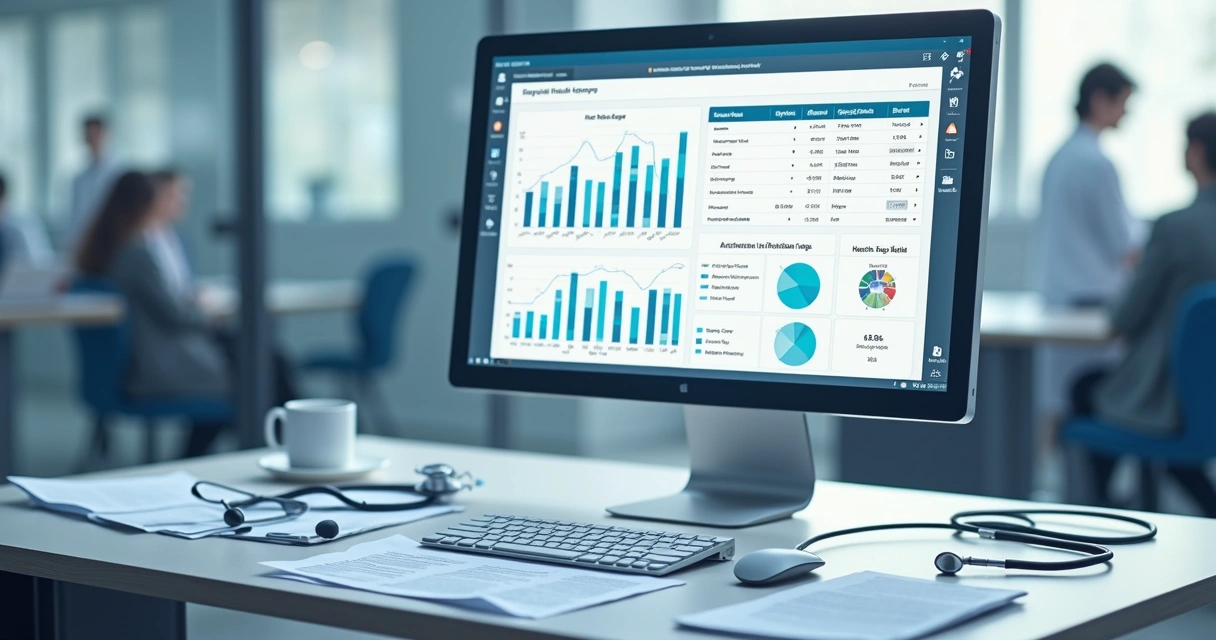 Monitor de computador exibe gráficos de saúde digital ao lado de documentos médicos em uma mesa moderna 