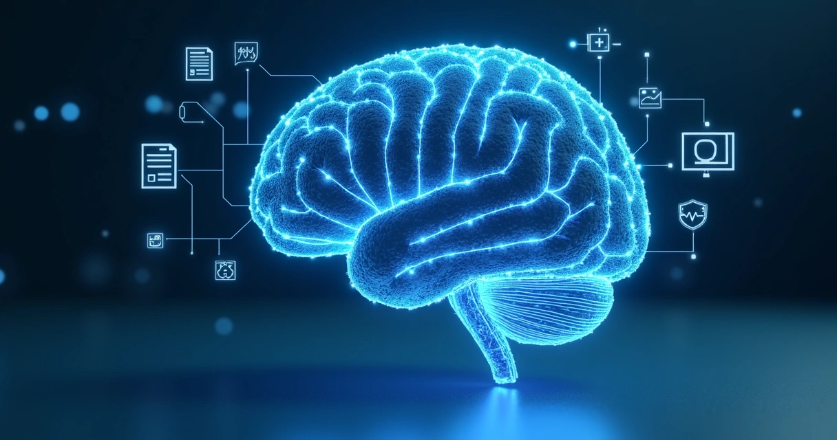 Ícones de dados médicos organizados ao redor de um cérebro digital azul 