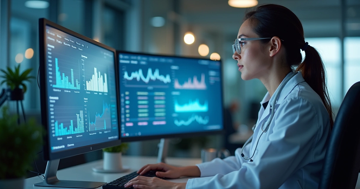 Profissional analisando dados de saúde em sistema digital