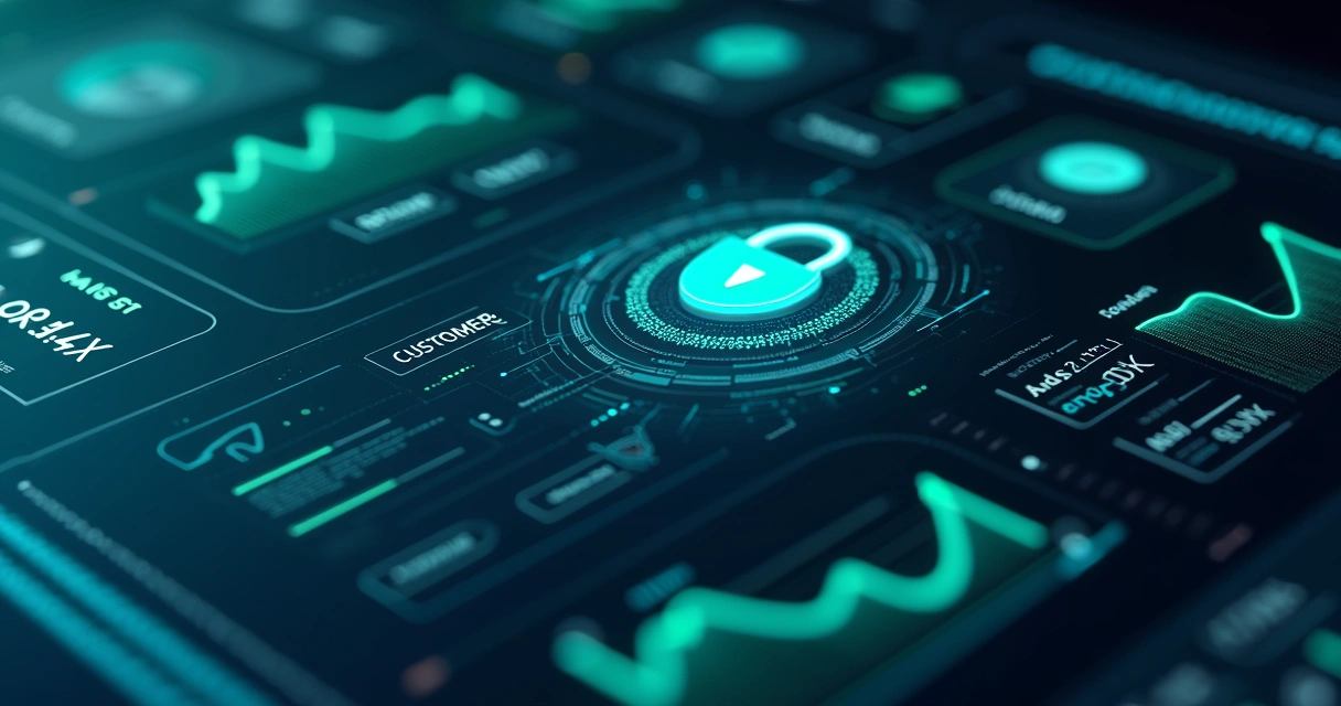 Painel de controle mostrando dados de clientes com ícones de segurança e crescimento 