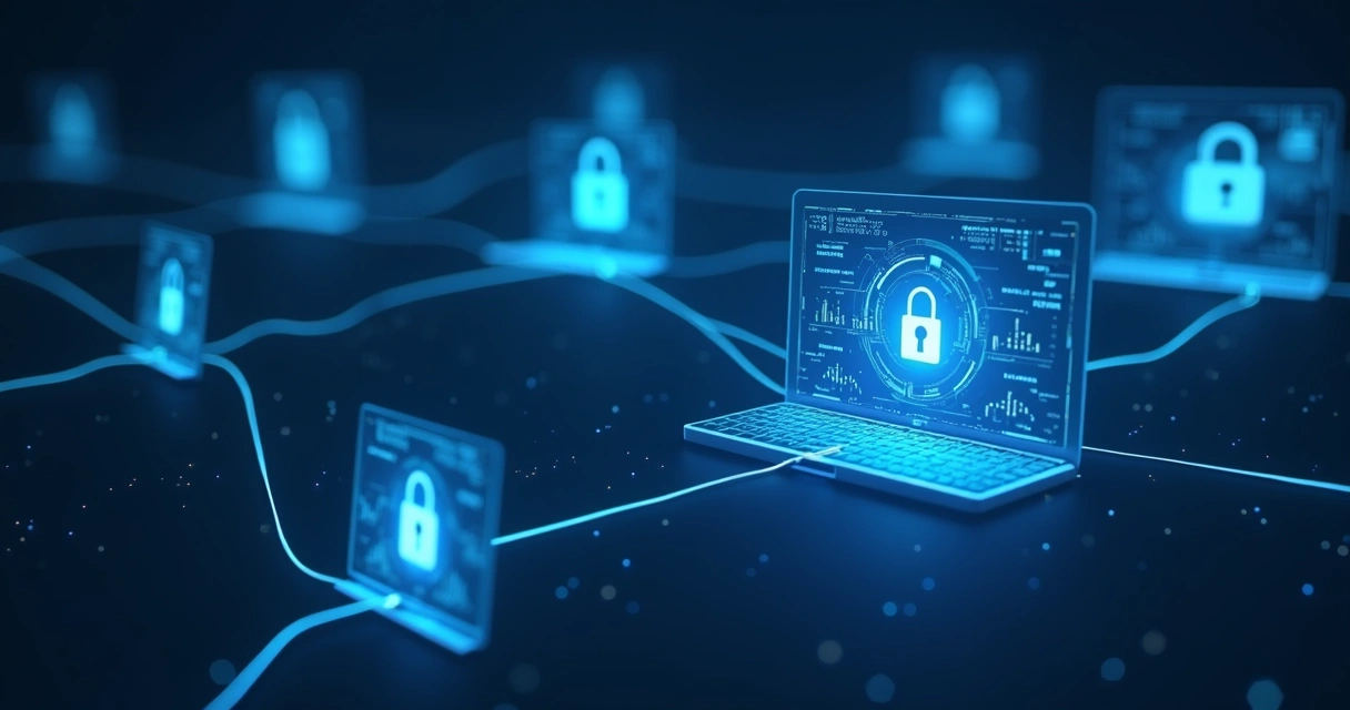 Ícones de cadeado representando segurança em dados conectados por linhas entre telas digitais 