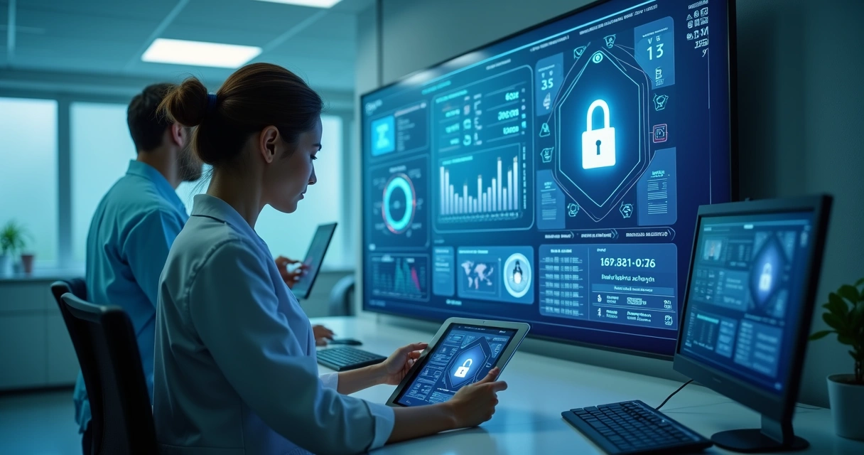 Painel digital exibindo dados de pacientes em ambiente de clínica moderna 