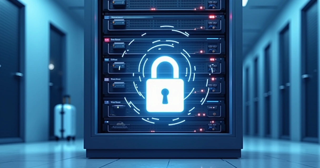 Servidor com cadeado aberto simbolizando segurança digital em hotel 