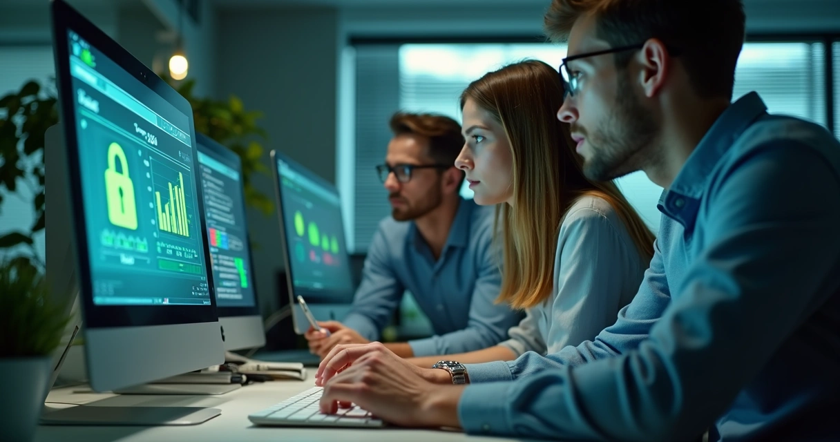 Equipe de pequena empresa protegendo dados digitais 