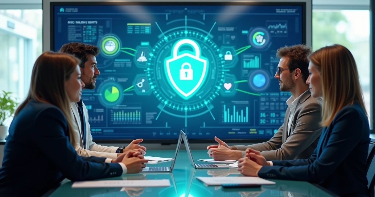 Equipe política reunida em torno de mesa olhando gráficos digitais de dados protegidos