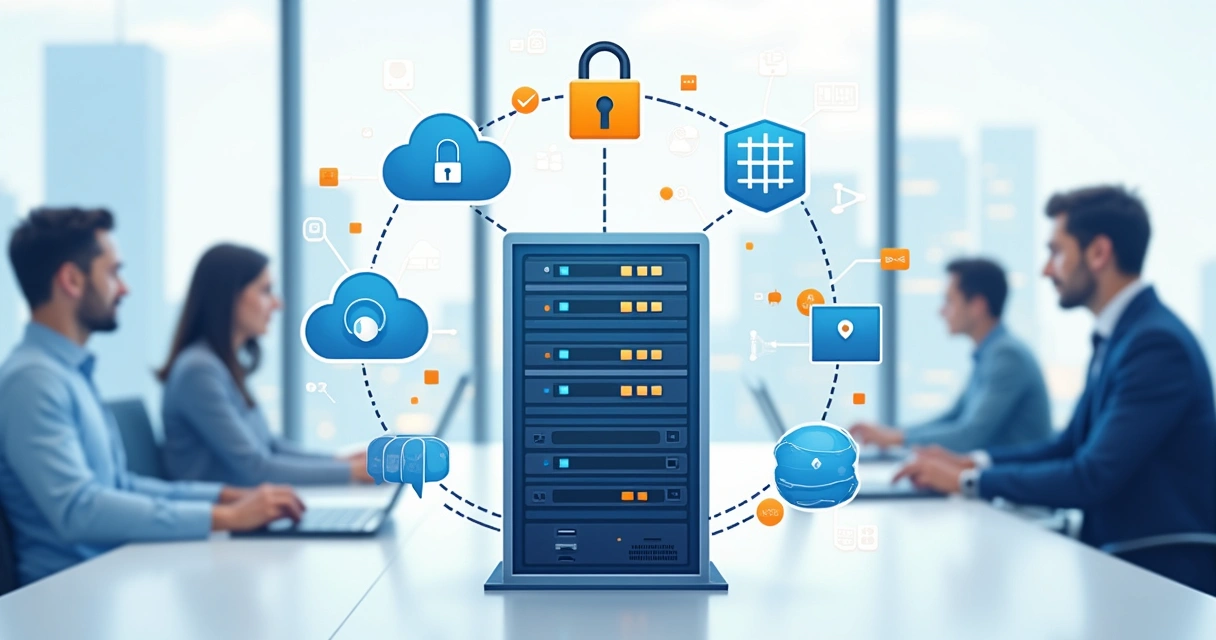 Ilustração de dados protegidos por firewall em ambiente corporativo 
