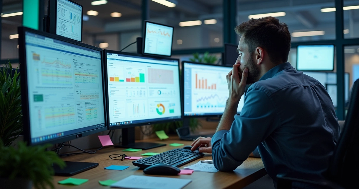 Telas cheias de gráficos confusos e dados desorganizados 