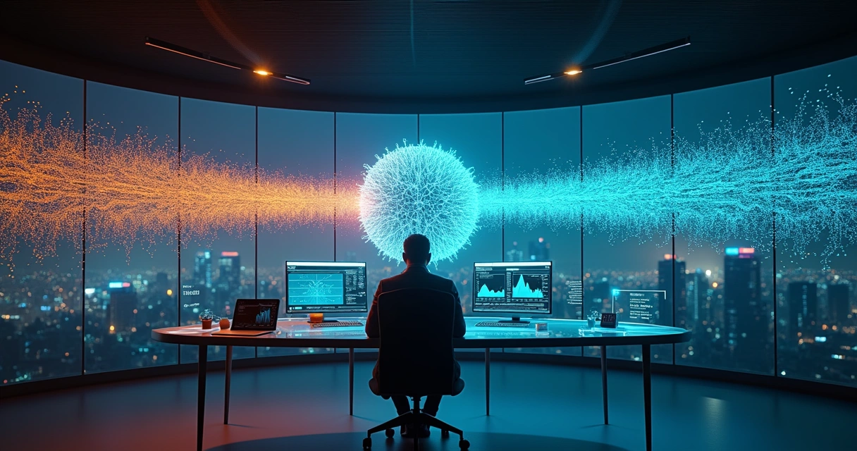 Cientista de dados analisa laboratório digital com dados sintéticos e reais lado a lado 