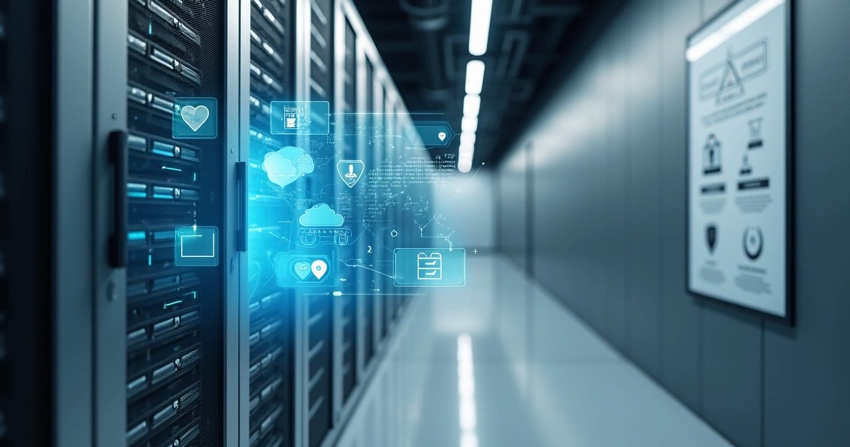 Servidor aberto exibindo ícones de dados de registro de ponto na tela holográfica 