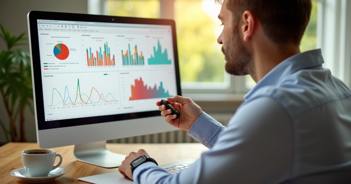 Nutricionista analisando dados de pulseira inteligente em tela de computador ao lado de gráficos coloridos.