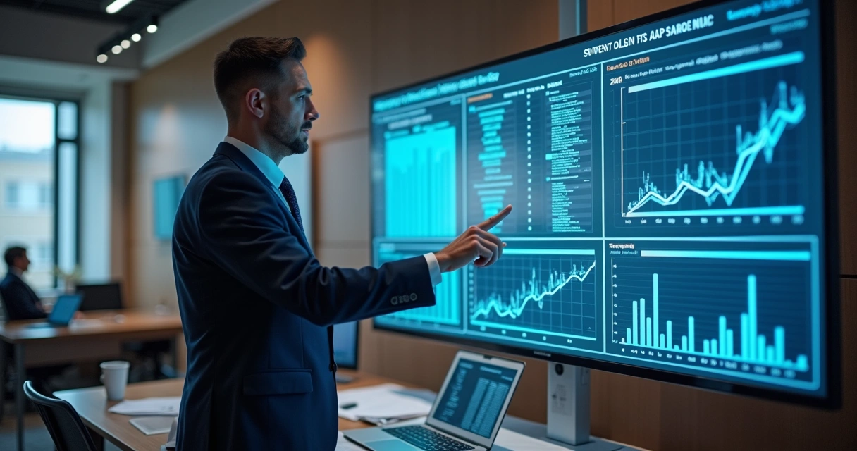 Profissional analisa dados tributários em painel digital 