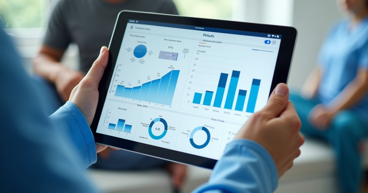 Interface digital mostrando dados de paciente em reabilitação e profissional analisando 
