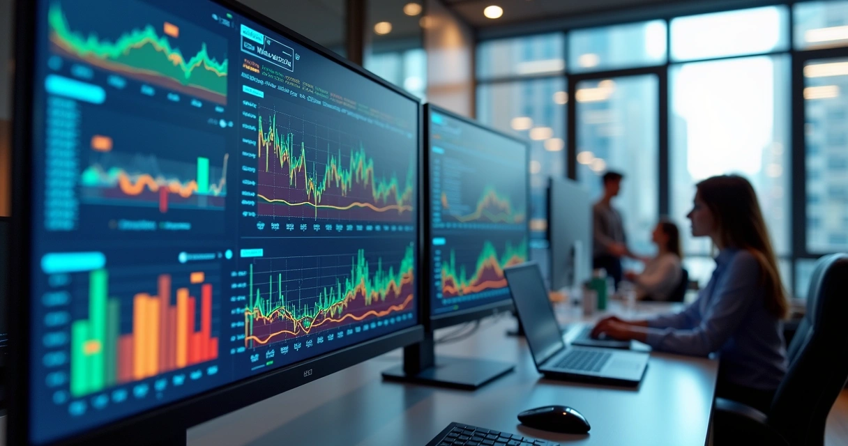 Painel digital com gráficos e dados em tempo real exibidos em telas de computador moderno no escritório corporativo 