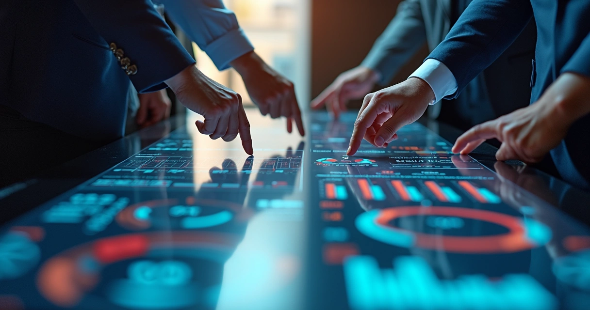 Grupo de pessoas reunido, analisando gráficos atuais em telas digitais 