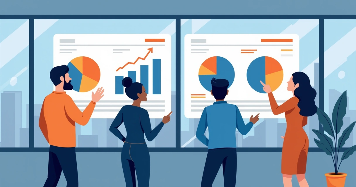 Equipe de campanha analisando gráficos de teste A/B em telas digitais. 