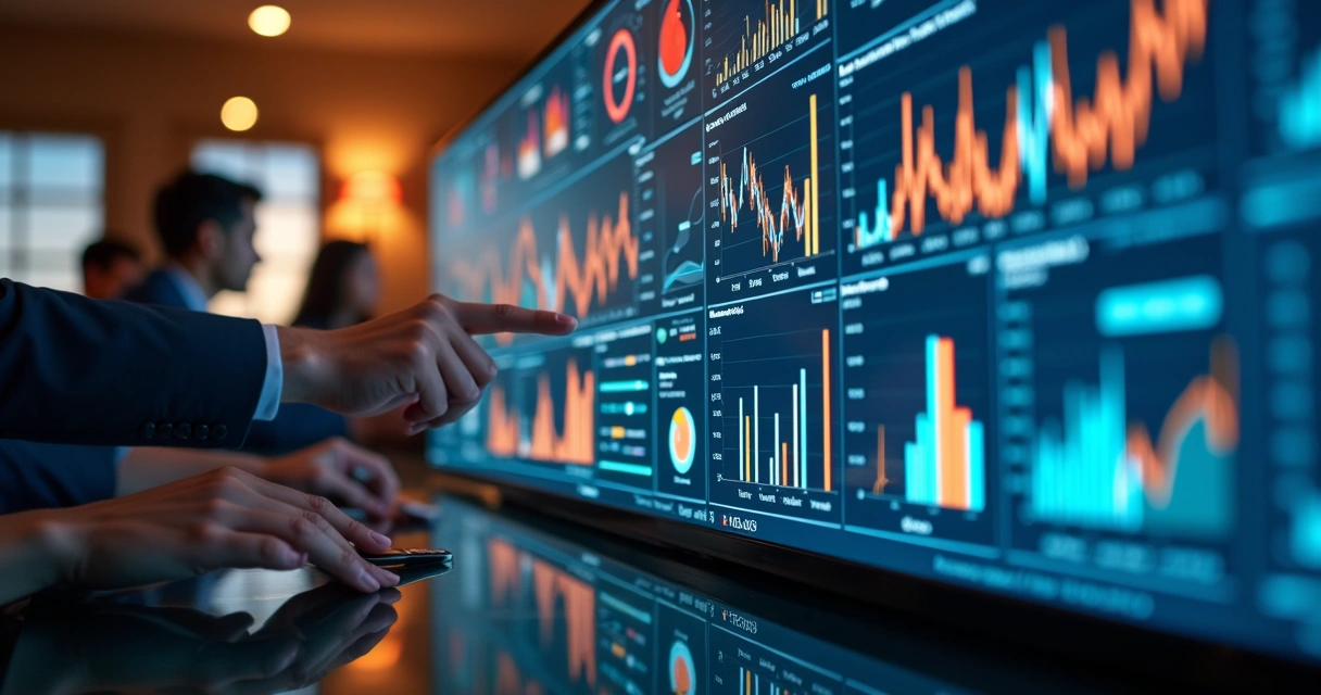 Dashboard de BI colorido com gráficos e indicadores de performance 