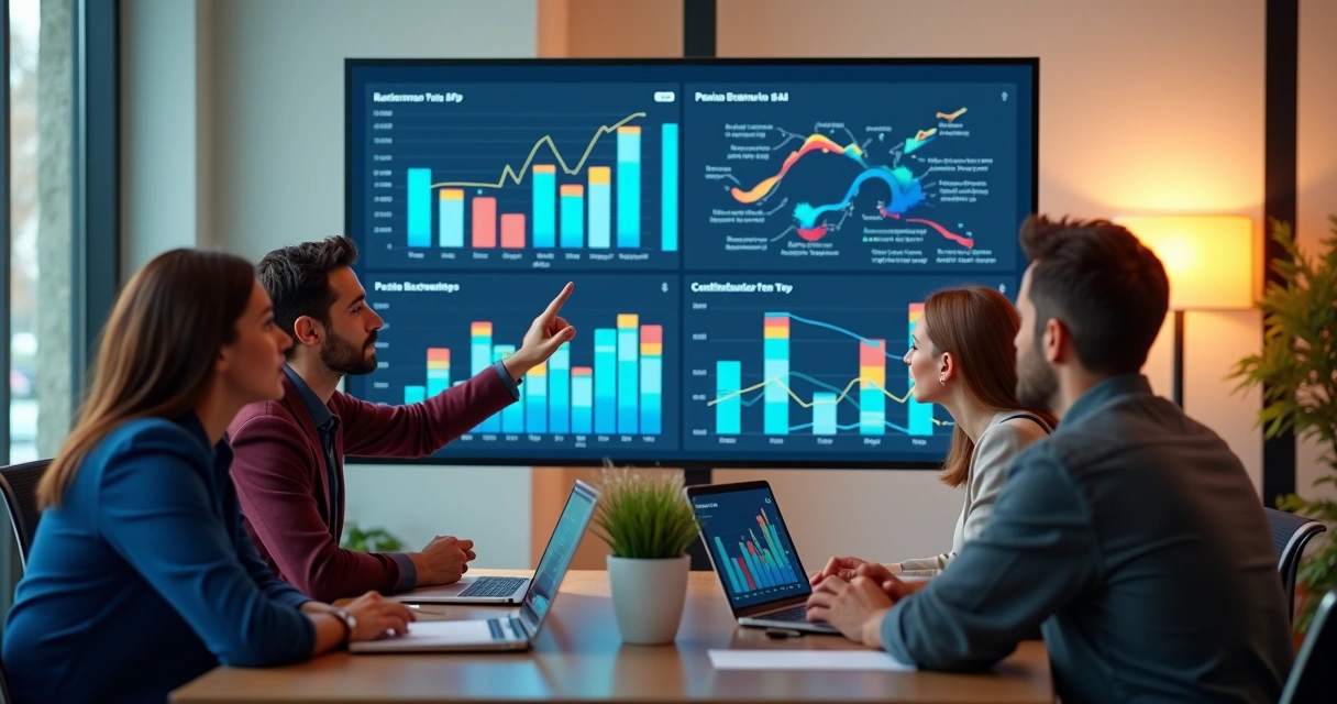 Equipe analisando dados em tela para tomada de decisão 