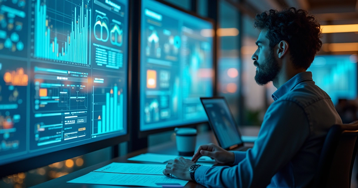 Profissional de marketing analisando gráficos e painéis digitais 