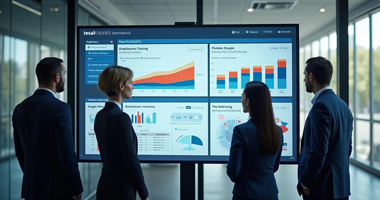 Tela de dashboard digital com gráficos de desempenho e pessoas analisando dados de treinamento