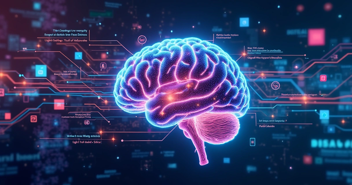 Gráfico colorido representando dados diversos que alimentam um cérebro digital 