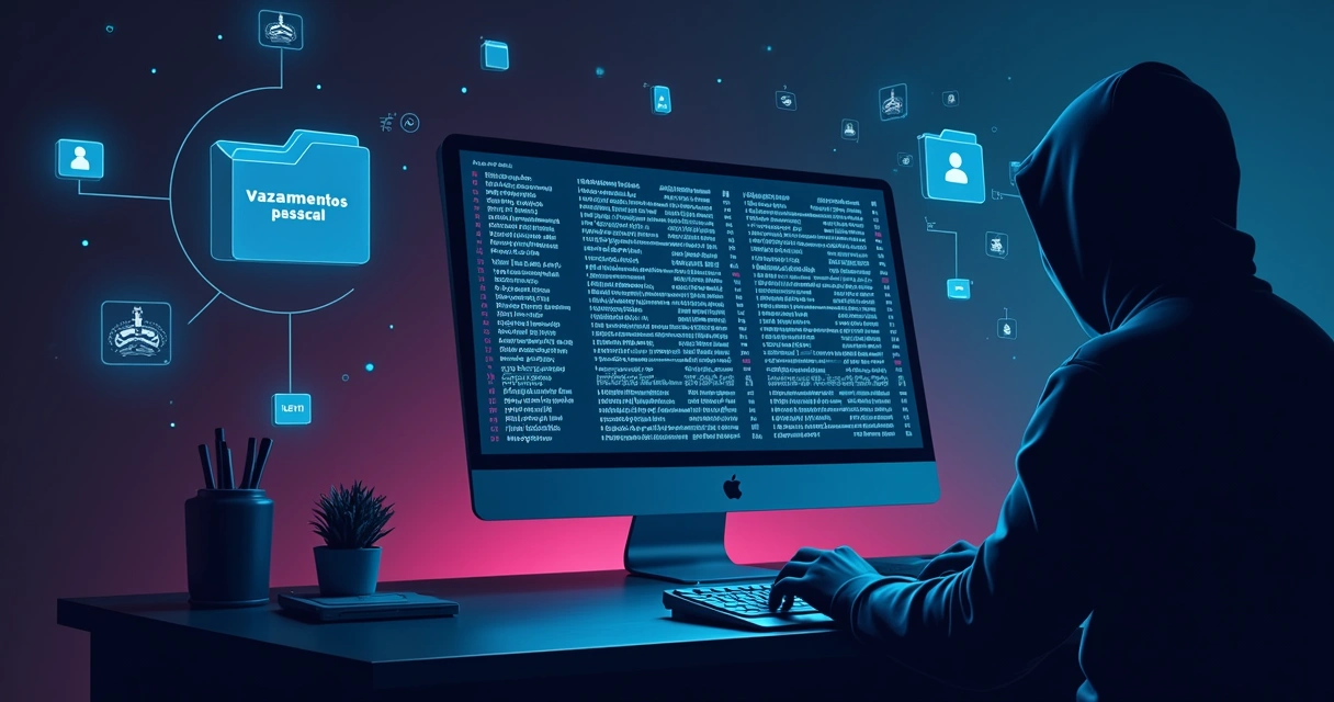 Visualização de dados em uma tela de computador escura com códigos e listas de logins 