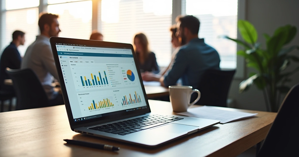 Dashboard com gráficos de vendas e dados de conversão em tela de notebook 