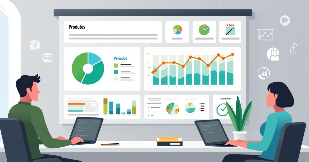 Gráficos digitais mostrando dados de vendas organizados por categorias: Produtos, Períodos e Clientes.